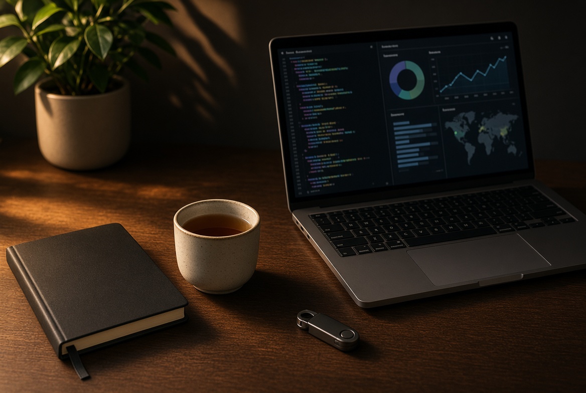 Desk with notebook, tea, hardware key and a laptop showing code and a simple operations dashboard