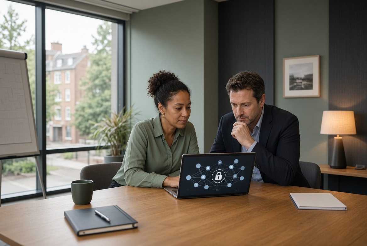 Two colleagues reviewing a network-security diagram on a laptop in a quiet office